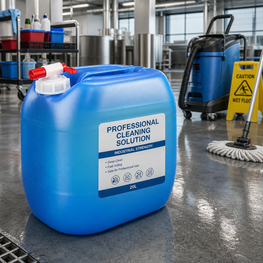 Bidon 30 litres bleu avec robinet Grand bidon bleu de produit nettoyant de 30 litres muni d'un robinet de vidange dans un hangar industriel professionnel