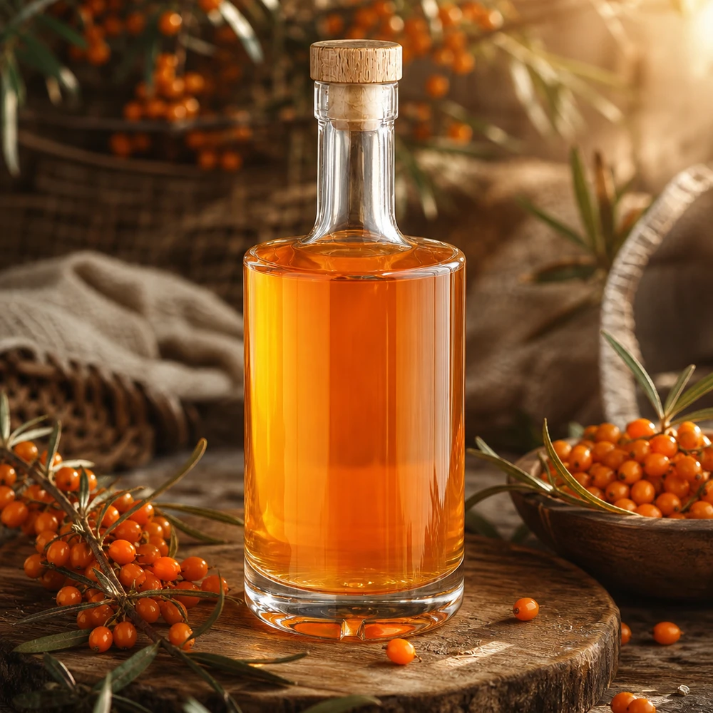 Bottiglia in vetro da 500 ml Nora con liquore all'olivello spinoso arancio tappo in legno UNiTWIST tavola di legno di presentazione rustica bacche