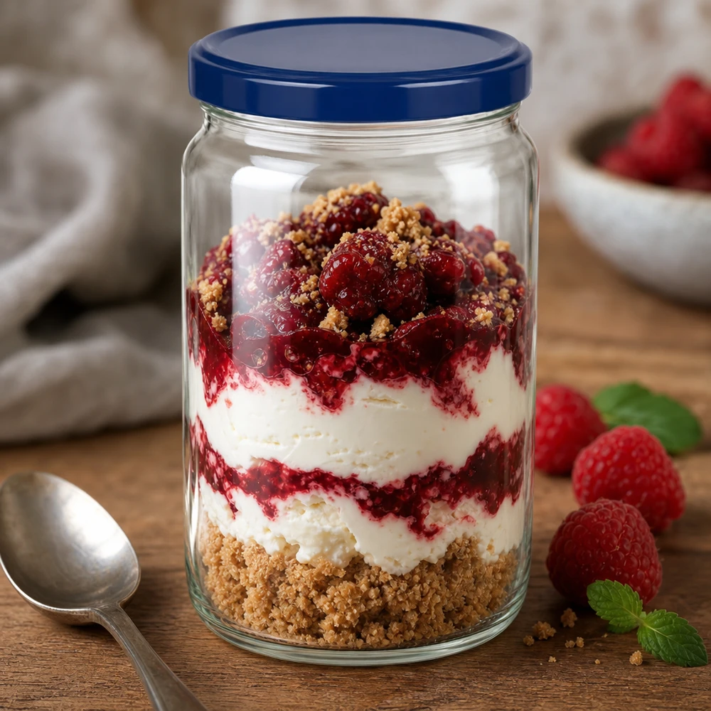 Bicchiere rotondo da 795 ml con coperchio blu UNiTWIST riempito con un dessert a strati di crema ai frutti di bosco e briciole di biscotto su un tavolo di legno