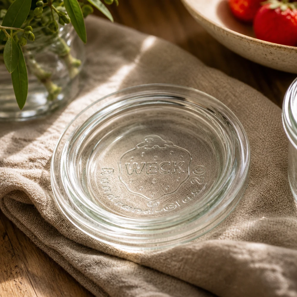 Coperchio in vetro WECK RR40 Coperchio di barattolo WECK RR40 su asciugamano da cucina con decorazione - presentazione elegante per una conservazione sostenibile