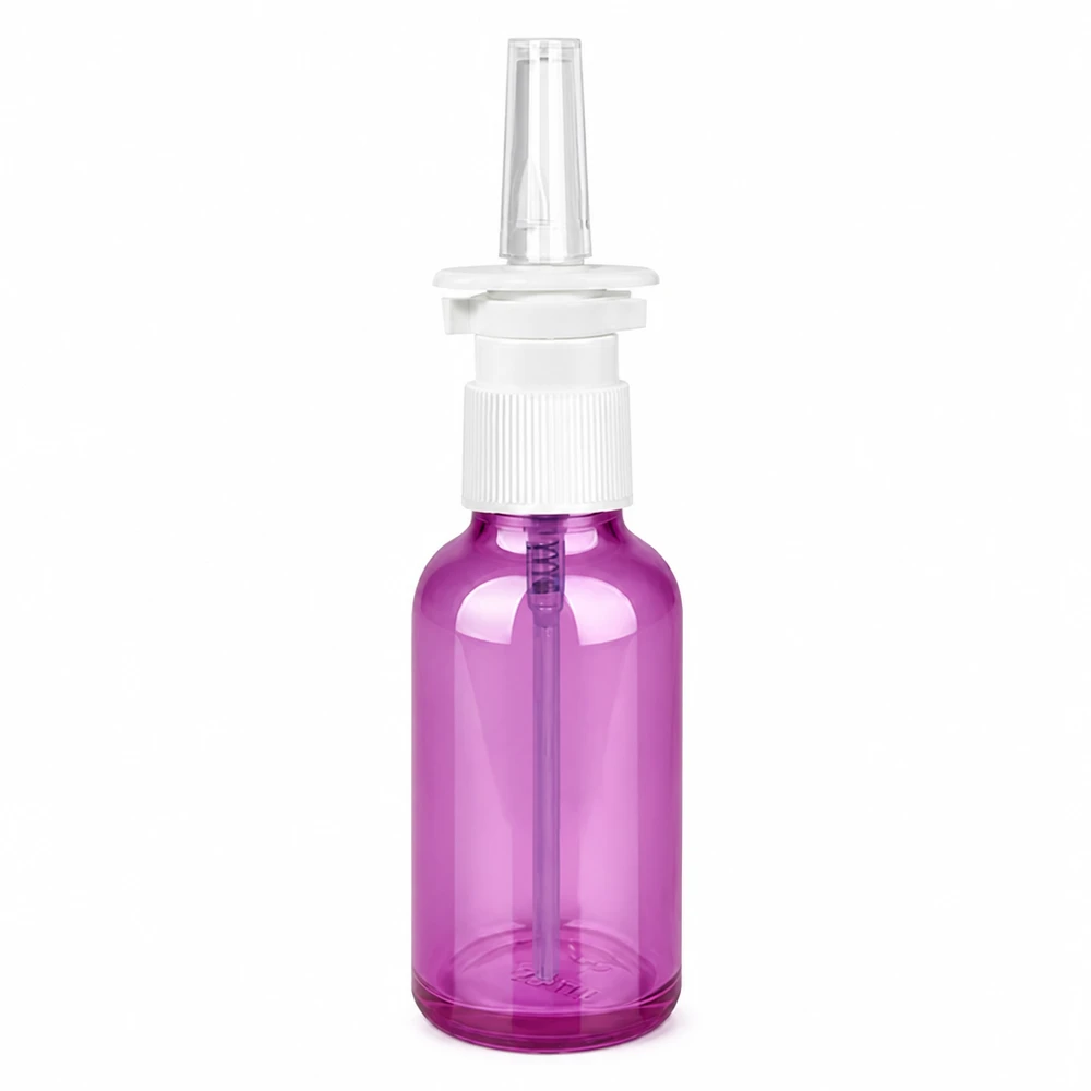 Vaporisateur nasal de 30ml blanc/transparent standard PurpleLine. UT18/30 Flacon compact de 30 ml de spray nasal avec optique violette transparente pour les lavages de nez