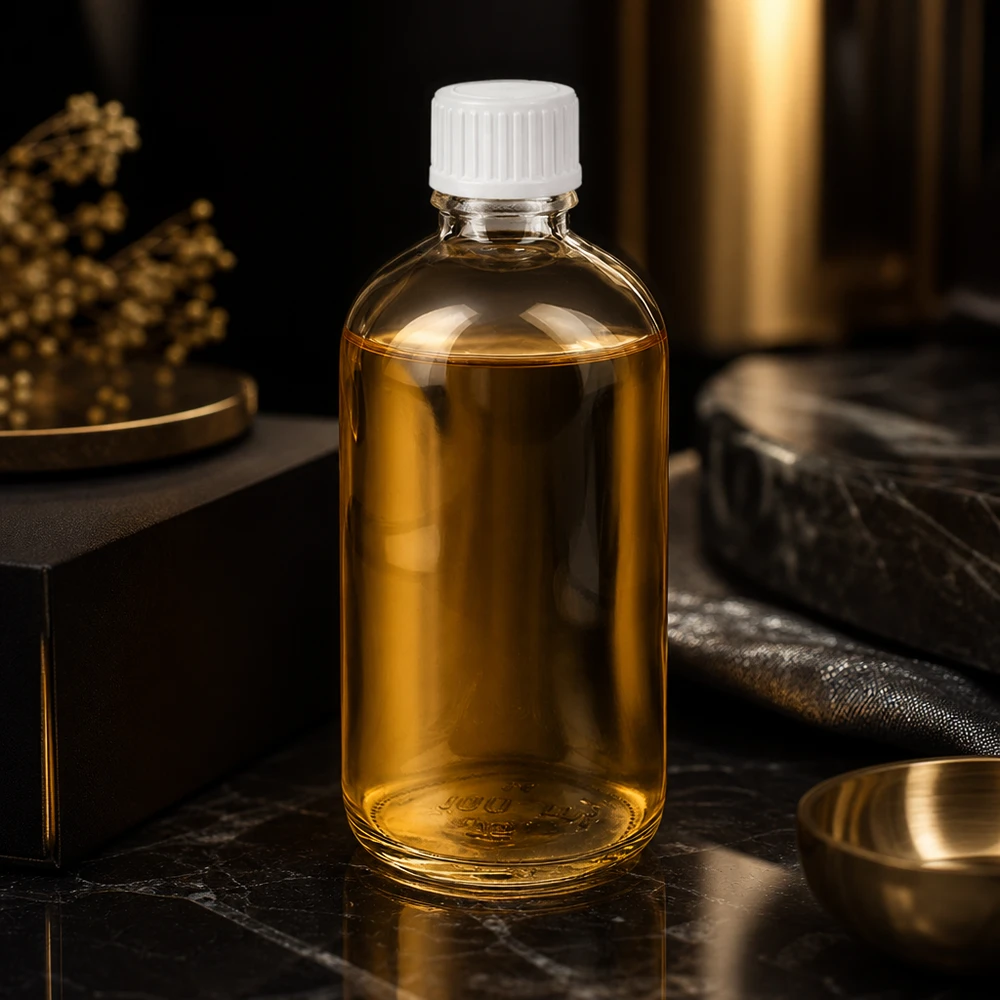 100ml Tropfflasche 0.9mm weiß Standardverschluss ClearLine UT18/100 Hochwertiges Produktbild 100ml Tropfflasche ClearLine UT18 weißer STD Verschluss Marmorunterlage Gold