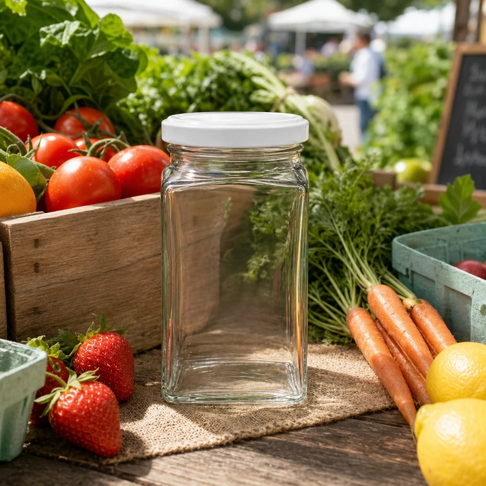 Bicchiere tetra da 260 ml BasicSeal bianco su un tavolo di legno circondato da frutta e verdura fresche in un'atmosfera da mercato settimanale.