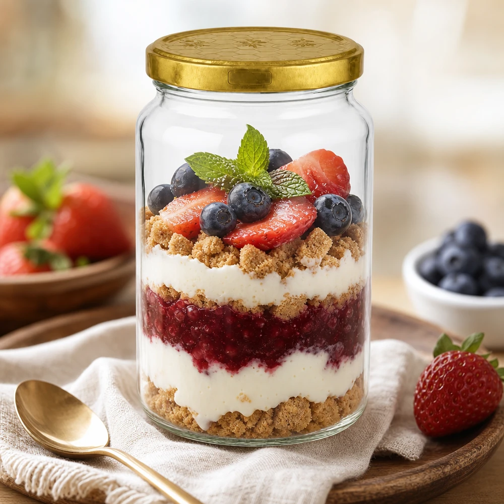 Bicchiere rotondo da 795 ml con coperchio dorato come bicchiere da dessert per trifle ai frutti di bosco con yogurt e zuccherini