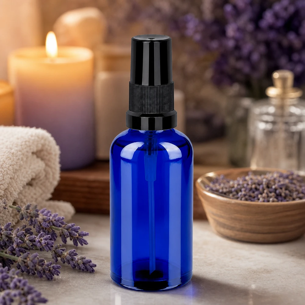 50ml Sprayflasche schwarz Standardverschluss BlueLine UT18/50 Stilvolle blaue Glasflasche 50ml mit mattschwarzem Sprühkopf für DIY-Kosmetik und Pflegeprodukte