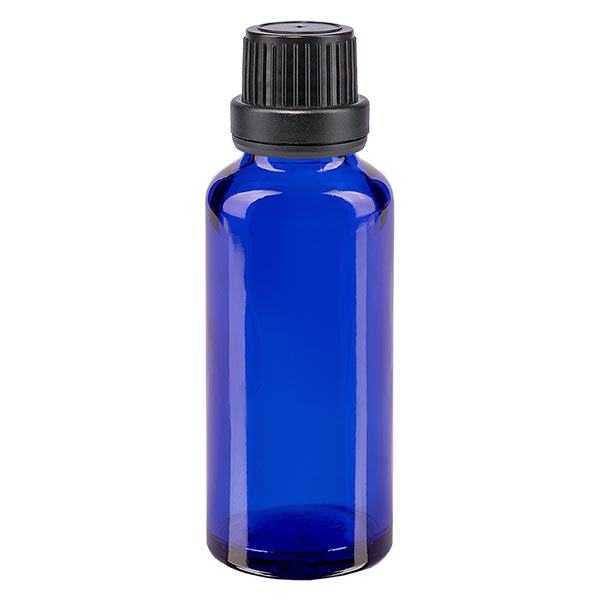Bottiglia da farmacia blu da 30ml. SV OV nero/11mm ApoGlas Bottiglia da farmacia blu da 30ml. SV OV nero/11mm ApoGlas
