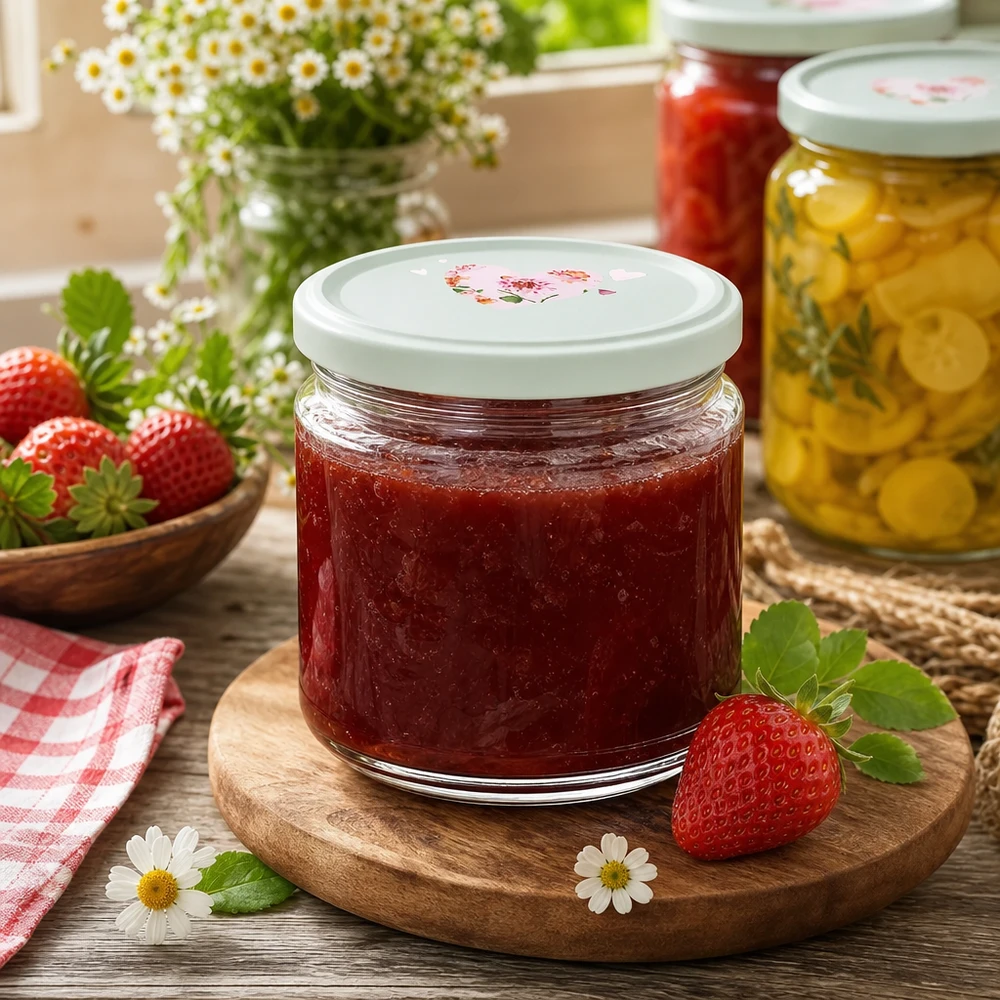 330ml Rundglas + BasicSeal Deckel Herz mint UNiTWIST 330ml Rundglas Erdbeermarmelade BasicSeal Deckel Herzmotiv mint Marmeladenglas Einkochen Küche Holzbrett
