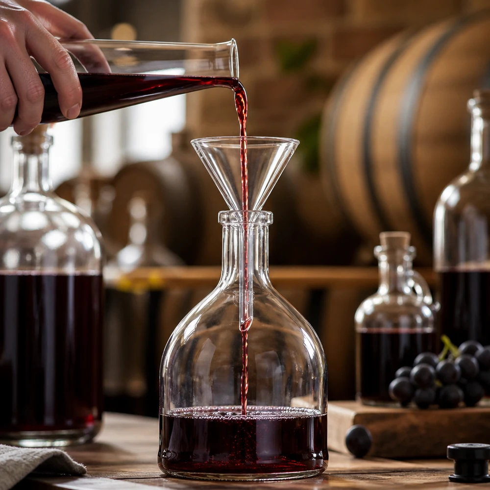 Imbuto piccolo in vetro da 45 mm con manico corto, ideale per decantare il vino e riempire le bottiglie