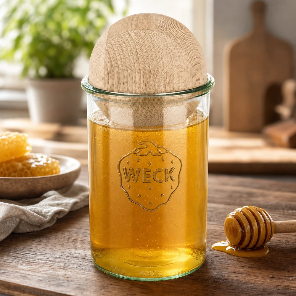 WECK Sturzglas 1000ml mit Honig befüllt und Buchenkugel-Deckel, Honiglöffel und Waben auf Holztisch in natürlicher Küche