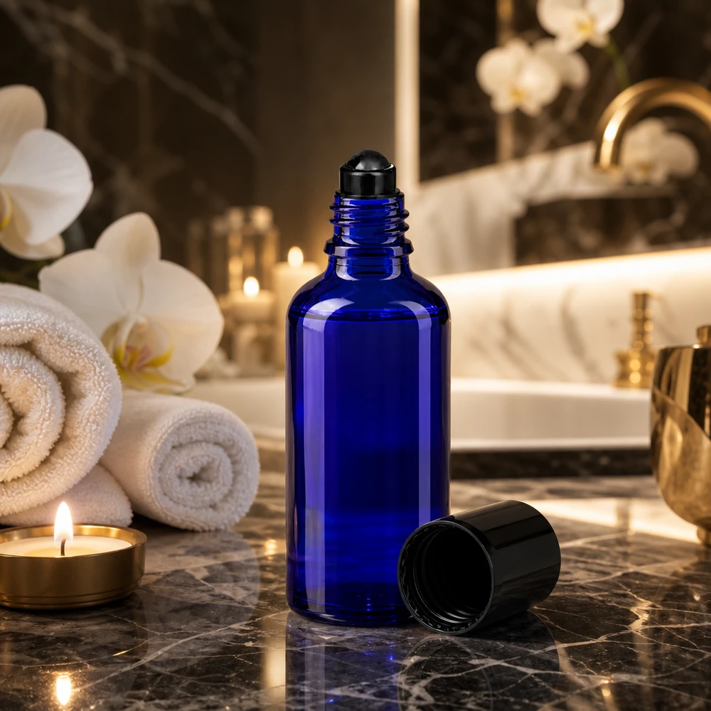 Apothekenflasche blau 50ml Roll-On Verschluss schwarz Blaue 50ml Glasflasche mit schwarzem Roll-On Verschluss für Kosmetik und Aromatherapie