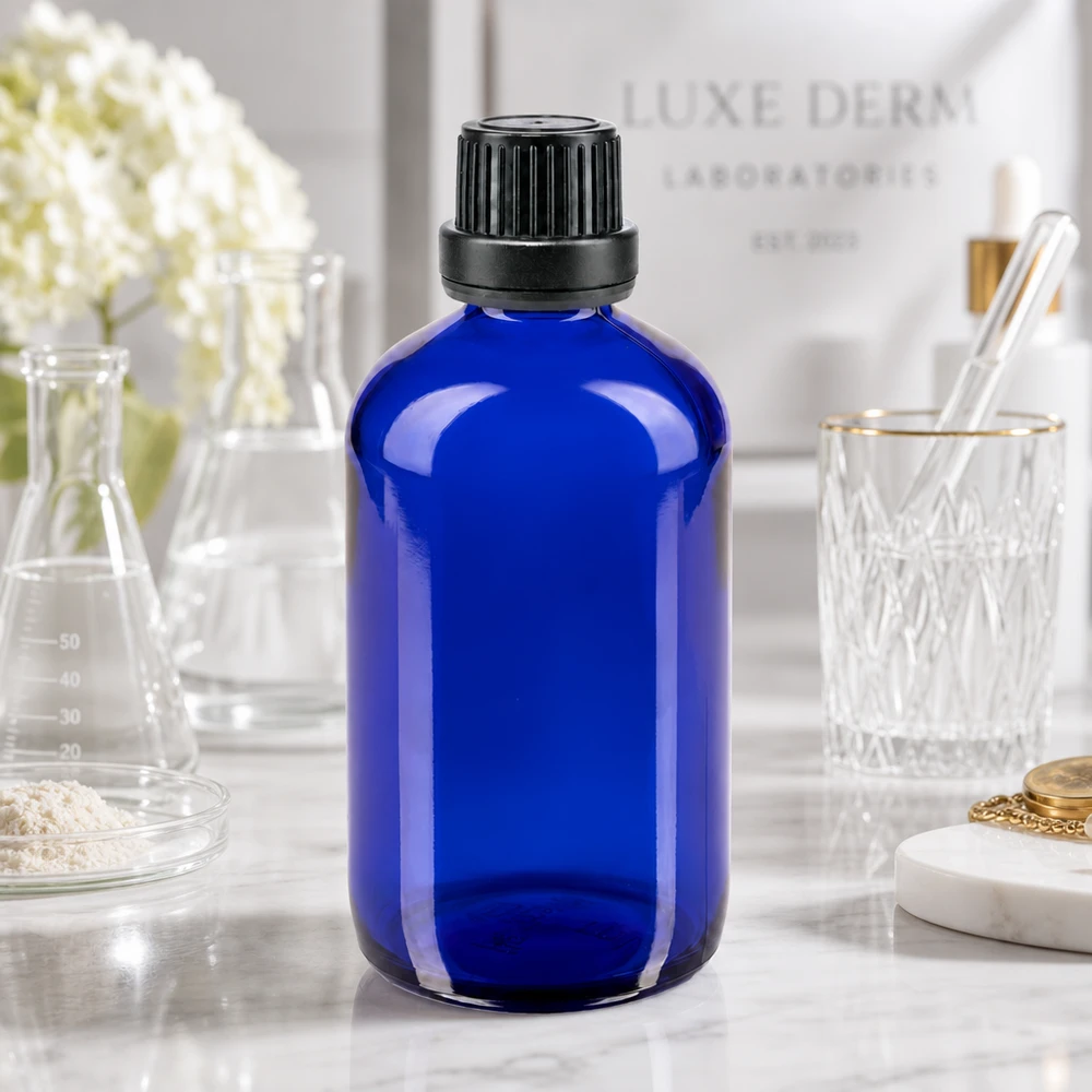Lichtgeschützte blaue Apothekerflasche 100ml ideal für Kosmetik Seren und ätherische Öle