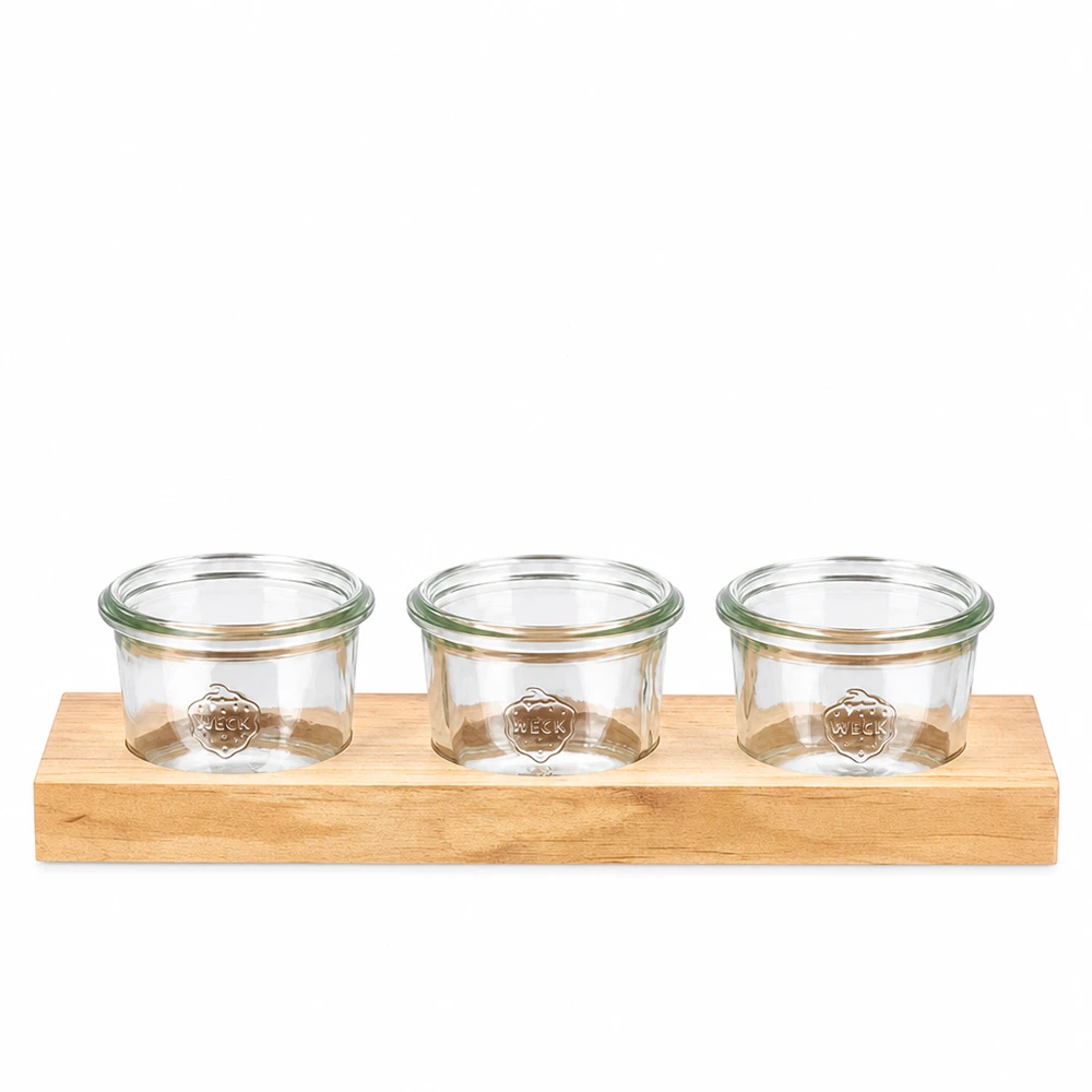 Tagliere Plano3 con 3 vasetti Weck da 80 ml Tavola da portata in legno Plano3 con 3 bicchieri Weck da 80 ml per salse, condimenti e snack