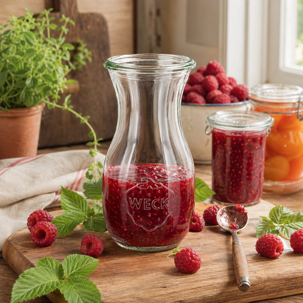 Bouteille à jus WECK RR60 de 290 ml WECK Bouteille de jus 290ml RR60 remplie de confiture de framboises entourée de framboises fraîches et de feuilles de menthe sur une planche en bois