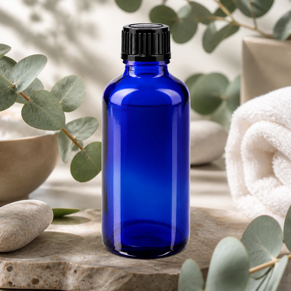 Apothekenflasche blau 50ml Schraubverschluss schwarz Standard Apothekerflasche blau 50ml Glas UV-Schutz mit schwarzem 11mm Schraubverschluss Draufsicht