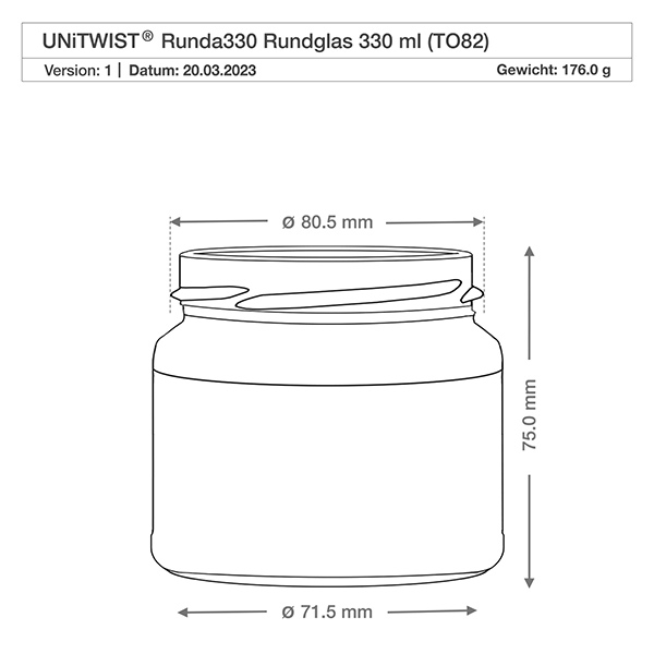 UNiTWIST Runda330 - Barattolo rotondo capacità 330ml TO82 UNiTWIST Runda330 bicchiere rotondo 330ml TO82 disegno tecnico con dimensioni diametro 71,5mm altezza 75mm peso 176g