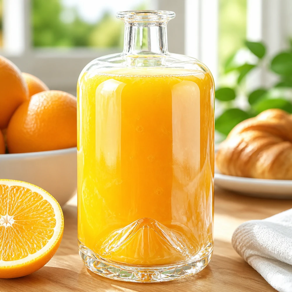 Bottiglia in vetro da 700 ml di Sofia riempita di succo d'arancia accanto ad arance fresche e croissant in una scena di colazione soleggiata