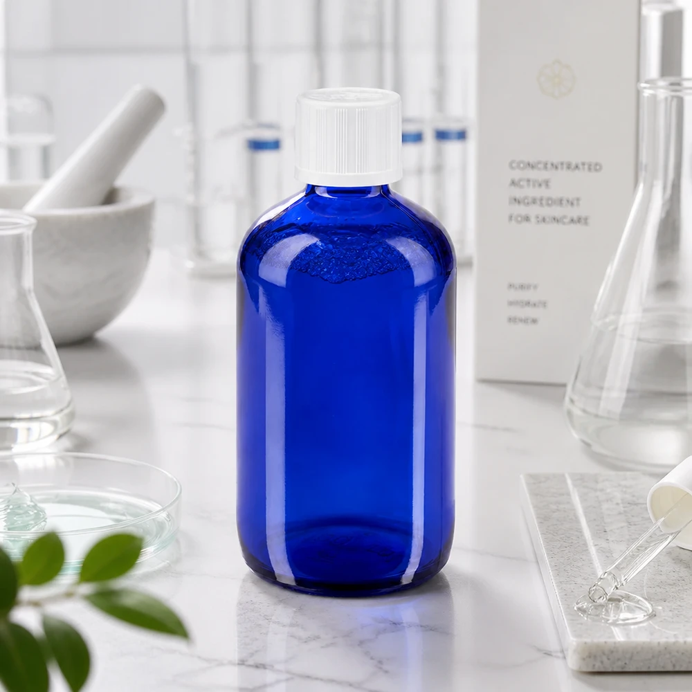 Flacon de pharmacie bleu cobalt de 100 ml muni d'un bouchon à vis blanc, posé sur un socle en marbre dans un laboratoire