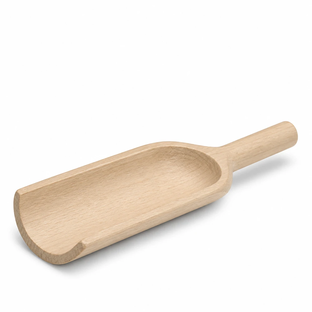 Pala di legno misura L a forma piatta lunga 18 cm Pala in legno L 18 cm forma piatta vista laterale mostra il manico ergonomico e la lama della pala in legno naturale