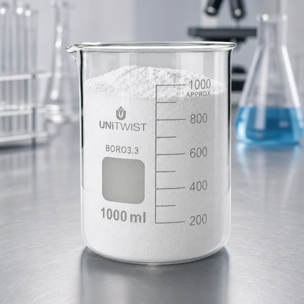 Becherglas 1000ml Borosilikat, niedrige Form UNiTWIST Transparentes Becherglas 1000ml BORO3.3 niedrige Form mit weißem Feststoff befüllt