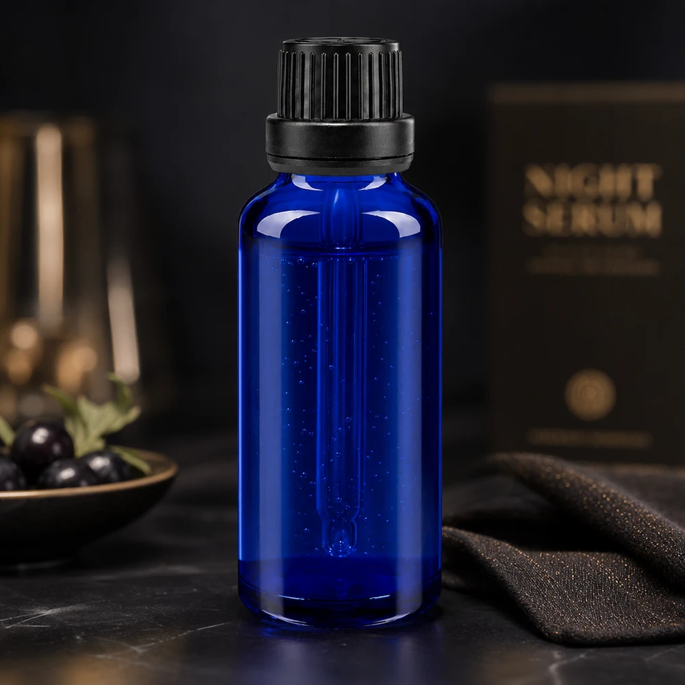Élégant flacon compte-gouttes de 30 ml en verre d'apothicaire bleu cobalt, muni d'un bouchon à vis nervuré noir