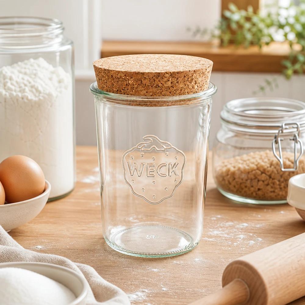 850ml Sturzglas WECK RR100 mit Korken natur WECK Sturzglas 850ml RR100 mit Naturkorken auf Küchenarbeitsplatte zwischen Mehl Eiern und Backutensilien Küchenszenerie