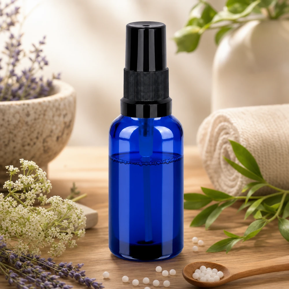 Elegante flacone spray blu-nero da 30 ml per tinture omeopatiche ed estratti di piante medicinali
