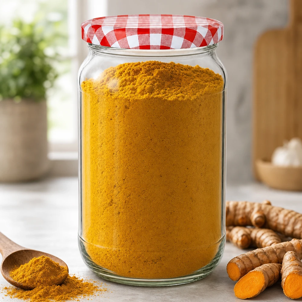 Barattolo rotondo da 1062 ml con coperchio BasicSeal riempito di polvere di curcuma accanto a radici di curcuma fresche in una cucina moderna
