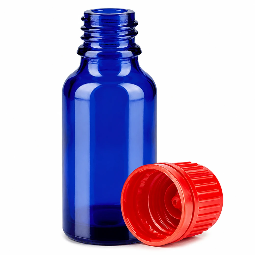 Flacone in vetro blu da 20 ml con filettatura da 11 mm e tappo rosso per applicazioni di laboratorio
