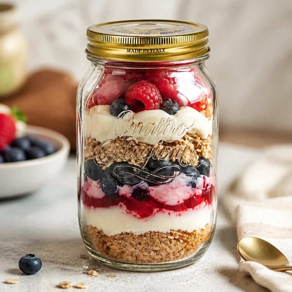 Quattro Stagioni Vaso da 1000 ml riempito con dessert a strati frutti di bosco yogurt granola Vaso da conserva italiano Applicazione