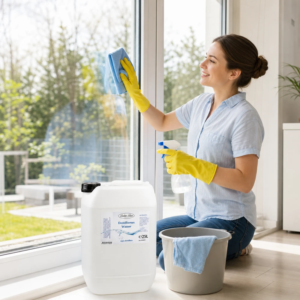 Donna pulisce i vetri con acqua distillata Doktor-Klaus 25L per risultati senza striature