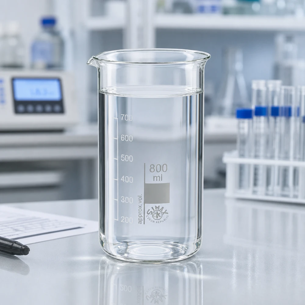 Bicchiere da 800 ml in vetro borosilicato, forma alta Bicchiere da laboratorio da 800 ml, forma alta, contenente un liquido trasparente fino a un livello di 700 ml, su un tavolo da laboratorio bianco