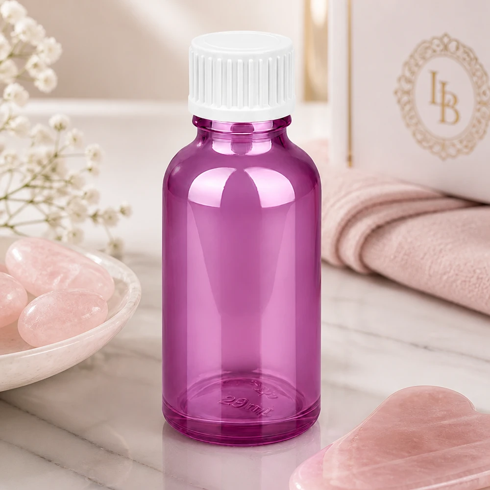30ml (Globuli)Flasche.. 3mm Giessring weiß Standard PurpleLine. UT18/30 Violette 30ml Glasflasche mit gerilltem Verschluss - perfekt für Labor und Apotheke