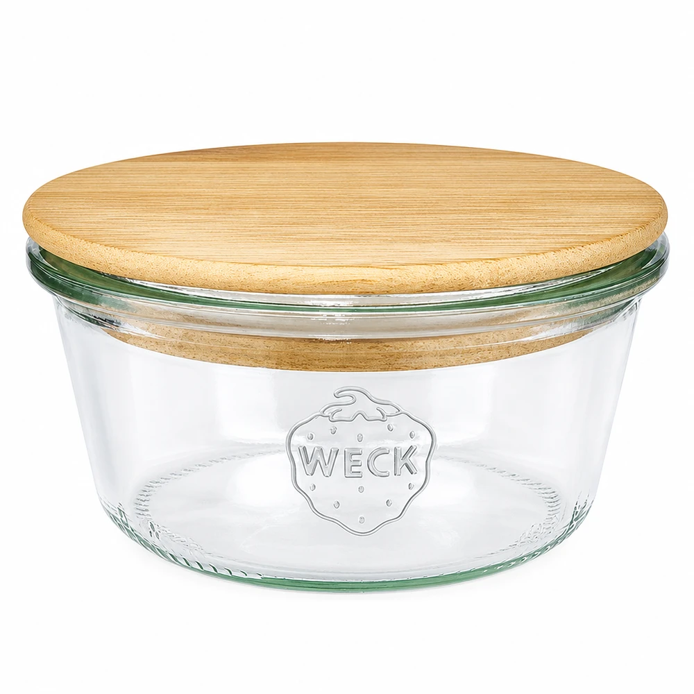 Vaso basso WECK RR100 da 290 ml con coperchio in legno WECK tumbler 290ml basso RR100 con coperchio rotondo in legno di bambù, barattolo per conserve con logo WECK su sfondo bianco