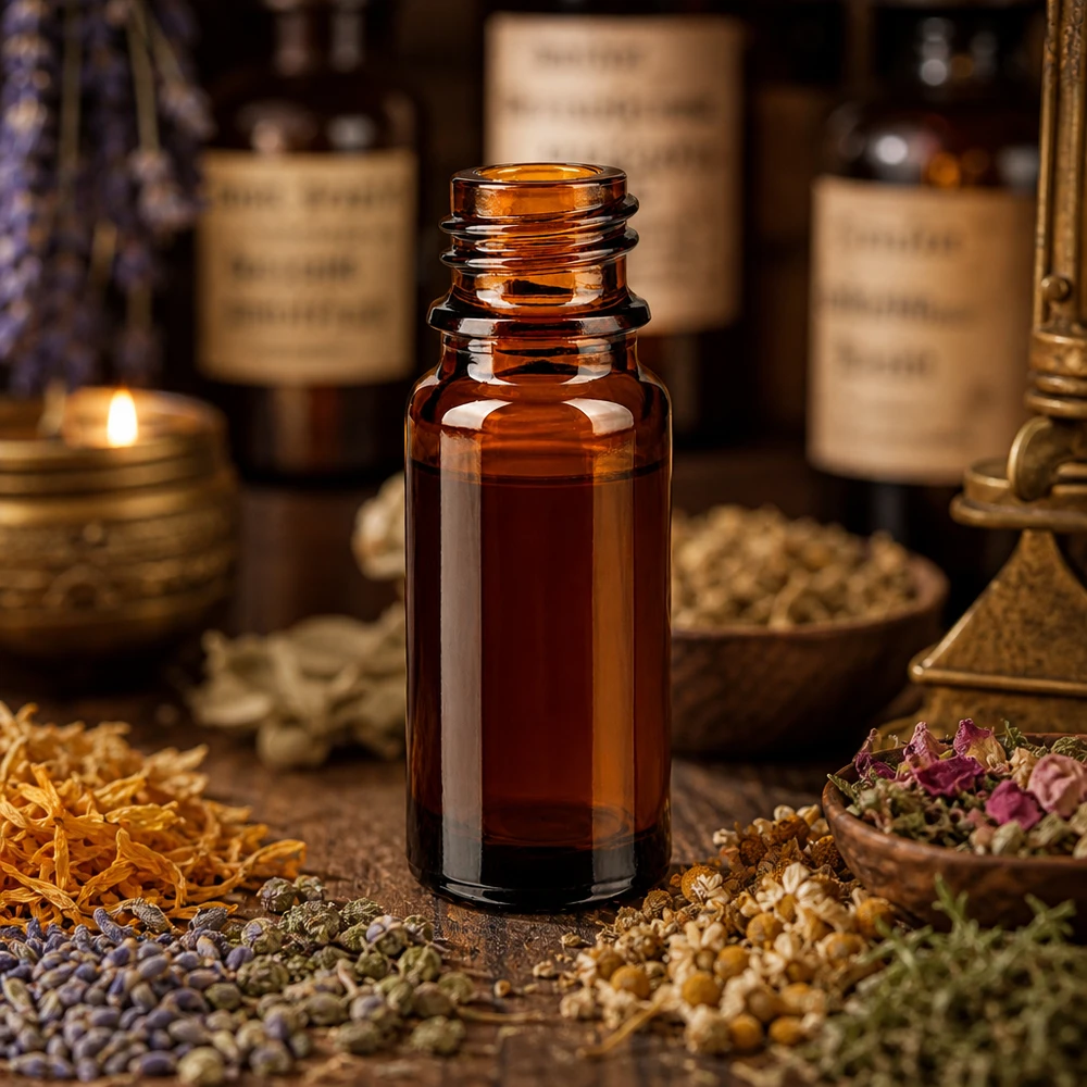 Flacone farmaceutico marrone da 10 ml ApoGlas Flacone da 10ml marrone da farmacia ApoGlas tra erbe e spezie essiccate in farmacia tradizionale