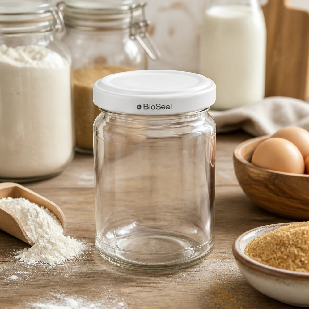 UNiTWIST Runda205 Bocal de stockage avec TO58 BioSeal couvercle dans cuisine avec farine, œufs et autres aliments