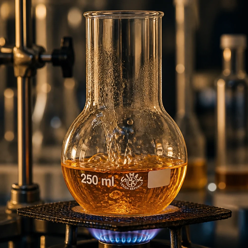 Pallone da distillazione da 250 ml a collo largo con soluzione di colore arancione a condizioni di temperatura controllata