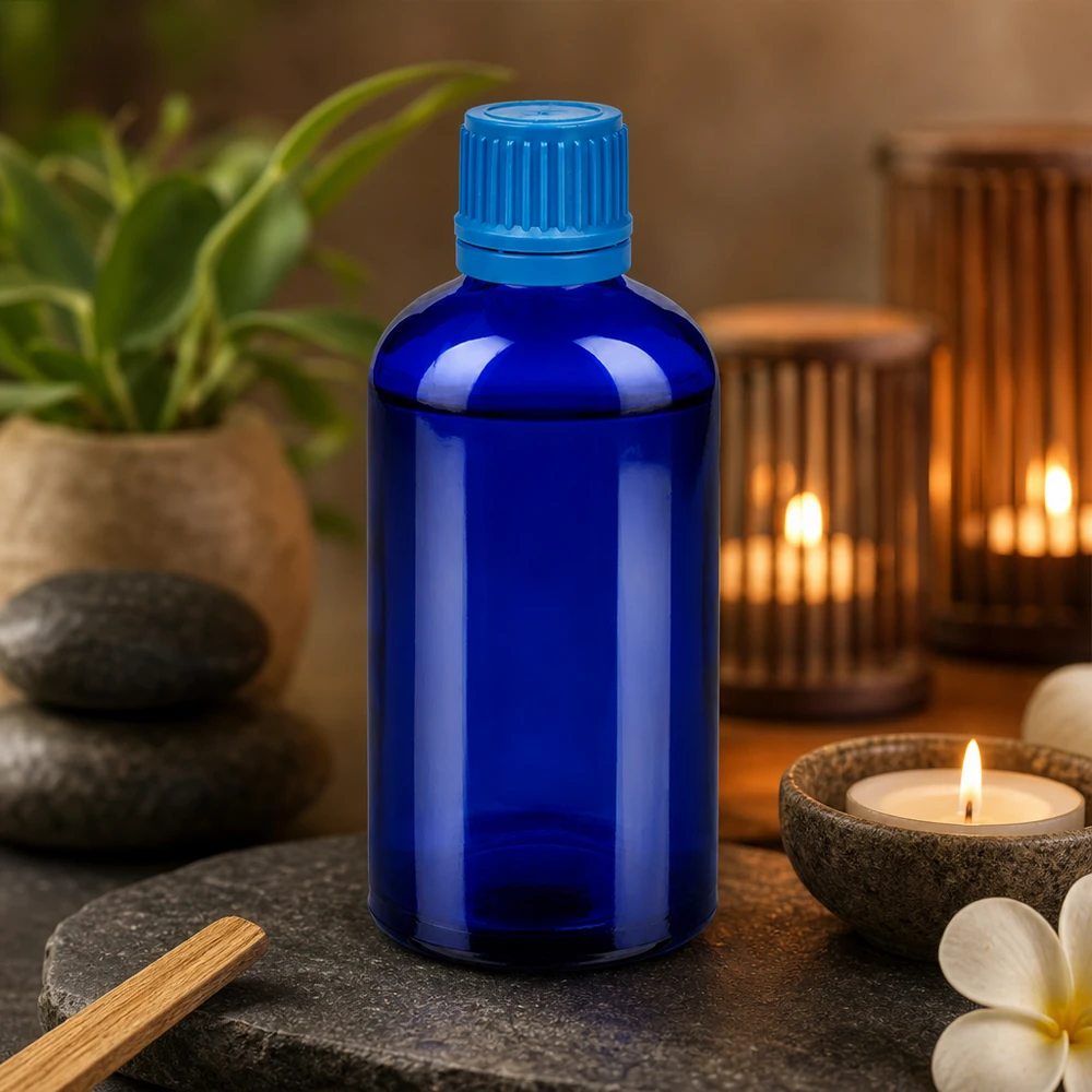 100ml Flasche 11mm Schraubverschluss blau Originalitätsverschluss BlueLine UT18/100 Vielseitige 100ml Glasflasche in Apothekerqualität mit blauem OV-Verschluss für medizinische Anwendungen