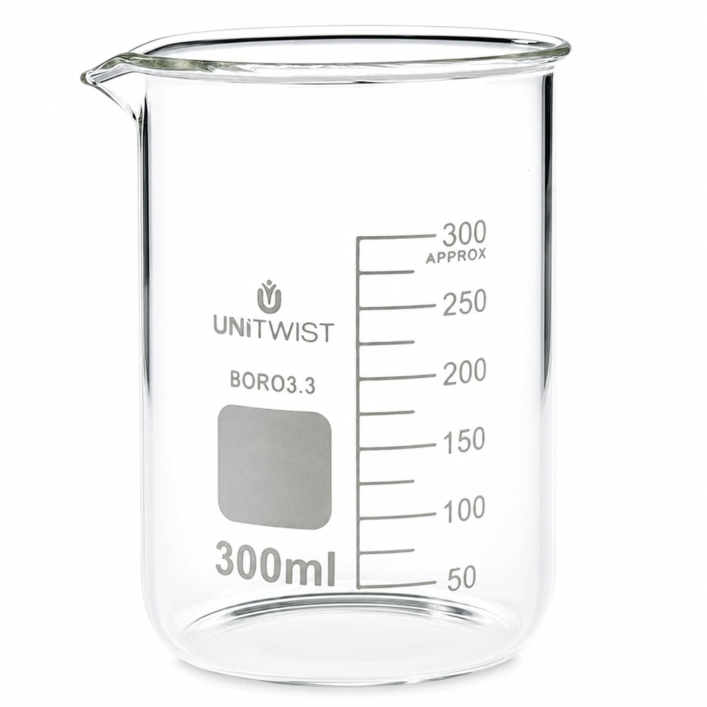 Bicchiere 300ml borosilicato, stampo basso UNiTWIST Bicchiere da 300 ml in vetro borosilicato a forma bassa di UNiTWIST su sfondo bianco