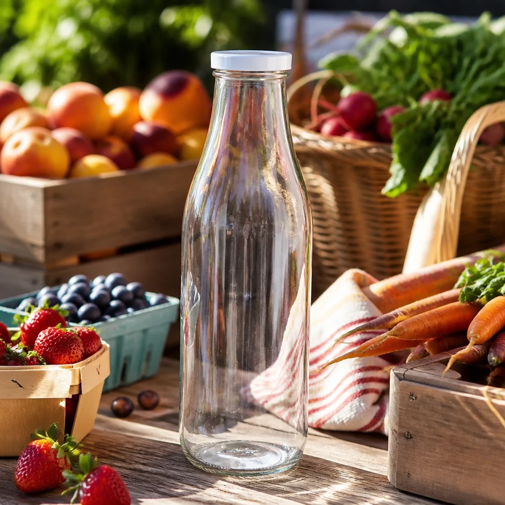 Bottiglia di vetro da 1000 ml + coperchio BasicSeal bianco UN.. 1000ml bottiglia di vetro vuota BasicSeal coperchio bianco bancarella frutta fresca verdura bacche carote paesaggio esterno