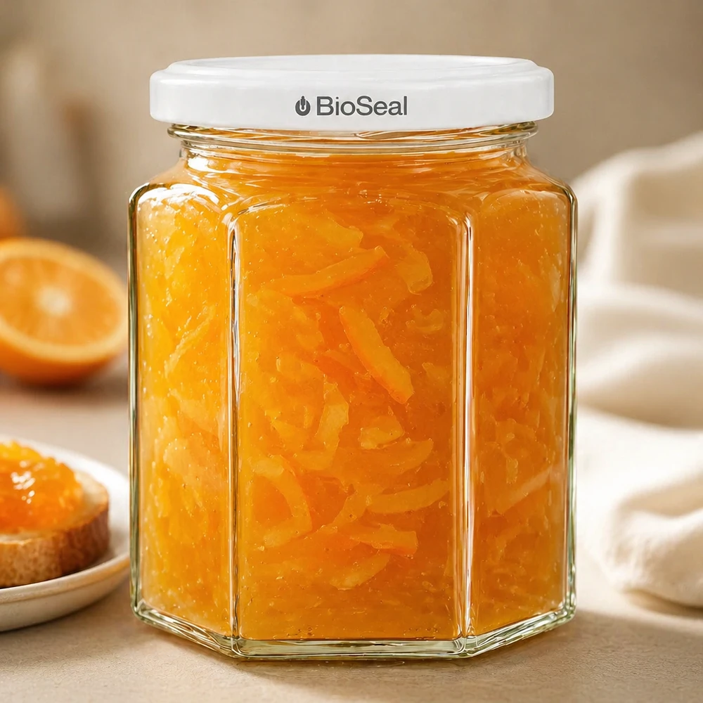 UNiTWIST Hexa288 Marmeladenglas mit Orangenmarmelade gefüllt und weißem TO63 BioSeal Deckel neben Toast