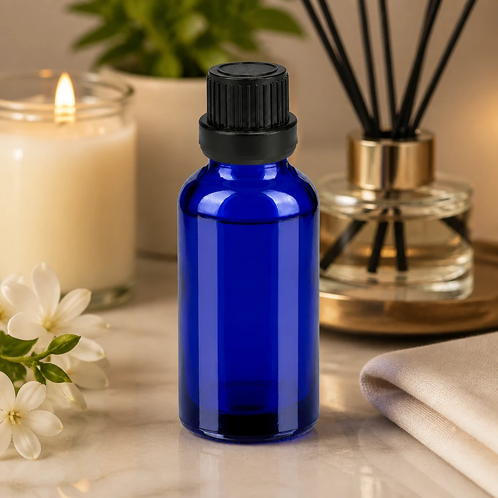 Bottiglia da 30ml 11mm SV nero OV BlueLine UT18/30 Elegante flacone blu da 30 ml con tappo nero opaco per oli per la cura della pelle di alta qualità