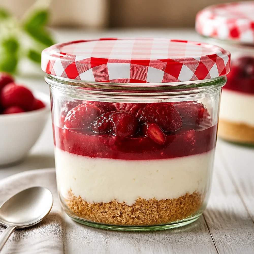 Bicchiere a goccia 230ml come bicchiere da dessert con dessert a strati e tappo BasicSeal a scacchi rossi e bianchi in una scena di cucina