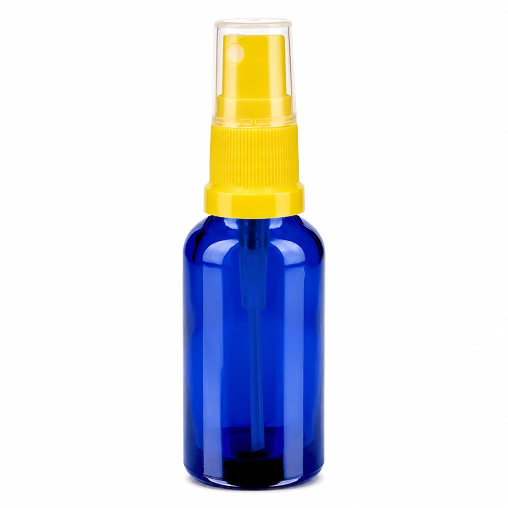 Vaporisateur 30ml jaune/tr. STD BlueLine UT18/30 Vaporisateur compact bleu de 30 ml en verre robuste avec embout de vaporisation jaune ergonomique