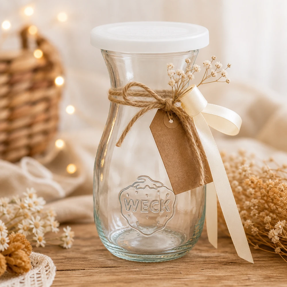 Bottiglia per succhi da 290 ml con tappo salva-freschezza WECK RR60 Bottiglia di succo WECK da 290 ml disposta in modo decorativo con nastro di iuta e fiori secchi su un tavolo di legno con luce calda