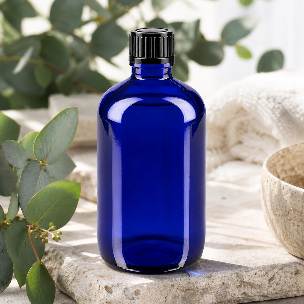 Apothekenflasche blau 100ml Schraubverschluss schwarz Standard Hochwertige kobaltblaue 100ml Glasflasche mit kindersicherem Schraubverschluss 11mm