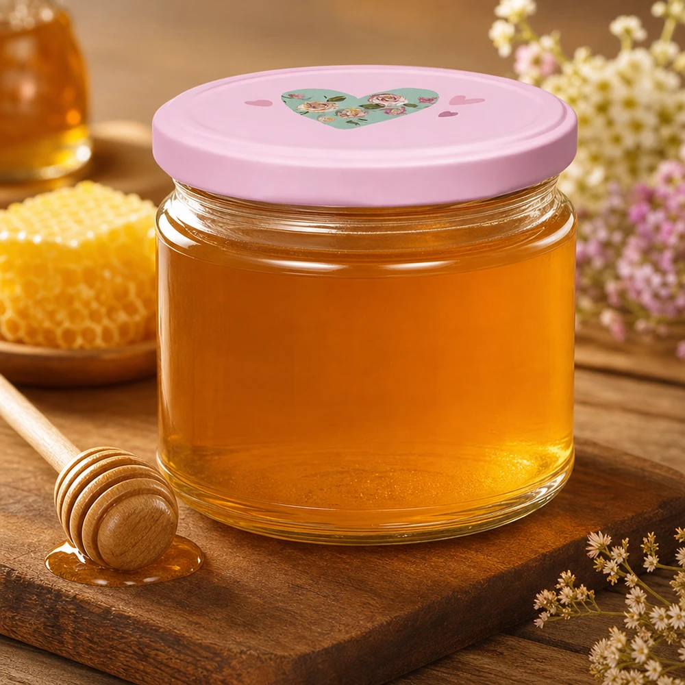 Vasetto rotondo da 330 ml con coperchio rosa a forma di cuore riempito di miele giallo oro accanto a un cucchiaio e a un favo.