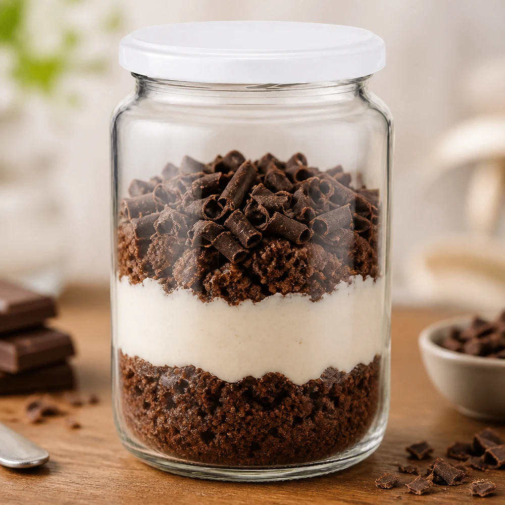 Il bicchiere rotondo UNiTWIST da 795 ml, riempito di dessert al cioccolato a strati, mostra l'uso pratico come bicchiere da dessert