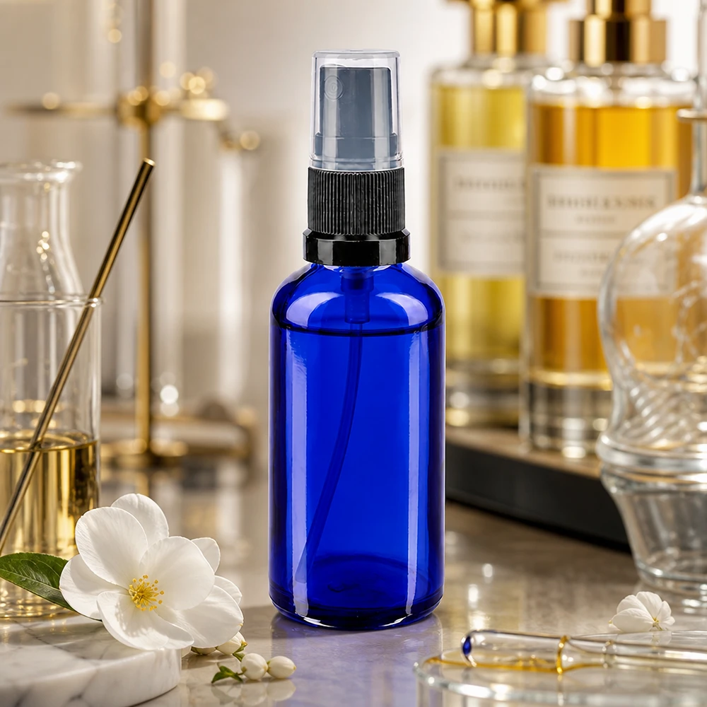 Apothekenflasche blau 50ml Sprayaufsatz schwarz Kleine blaue Glasflasche 50ml mit schwarzem Sprühkopf für Aromatherapie und Kosmetik