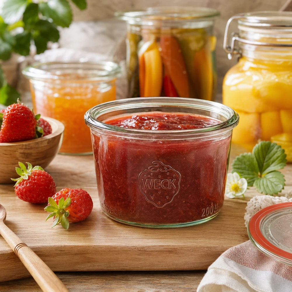 Barattolo WECK RR80 da 200 ml Vaso WECK RR80 da 200 ml riempito di marmellata di fragole su una tavola di legno accanto a fragole fresche e barattoli di conserva.