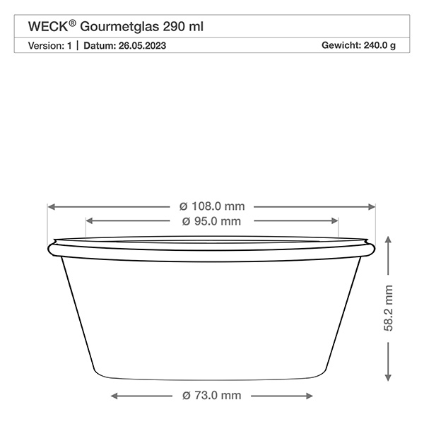 Vasetto gourmet da 290 ml WECK RR100 Disegno tecnico WECK Gourmet jar 290ml RR100 con dimensioni Diametro 108mm Altezza 58mm Peso 240g